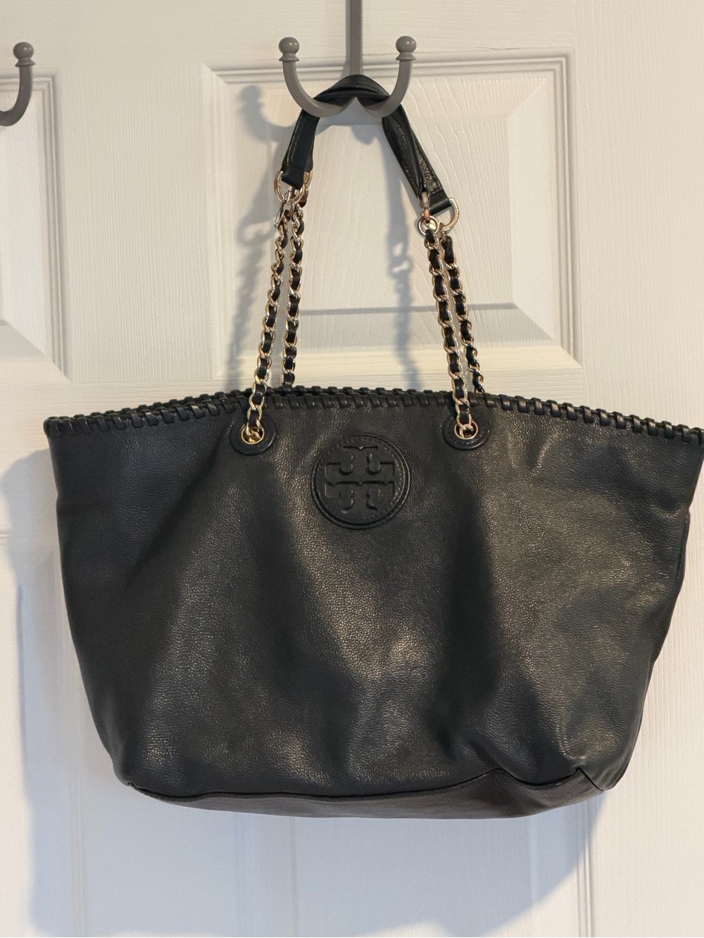 Tory Burch Black Leather Chain-Handle Tote with Logo Medallion